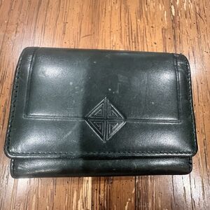 Vintage Dark Green Leather Trifold Wallet Kiss Lock Coin Purse Geometric Logo